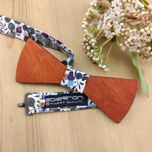 Noeud papillon homme en bois et tissu liberty wiltshire vert et terracotta - personnalisable - pochette costume - accessoire mariage