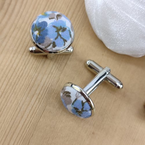 Boutons de manchette tissu floral bleu - accessoire de chemise marié - mariage, cérémonie, cadeau témoin