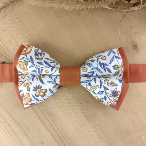Noeud papillon fleuri terracotta & bleu - duo père fils, pochette et boutons de manchette assortis - mariage champêtre & coton bio