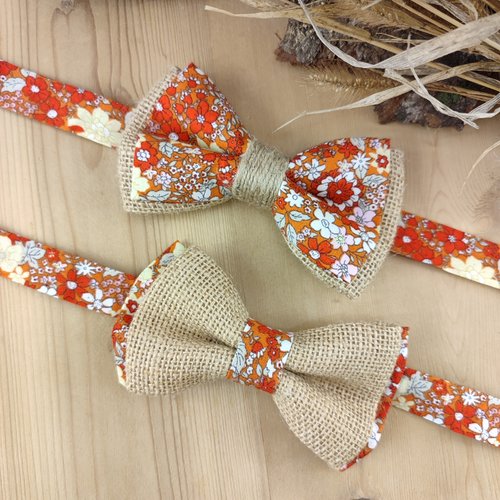 Nœud papillon jute & fleuri orange et terracotta adulte/enfant/bébé liberty, pochette, bts de manchette, bracelet / mariage