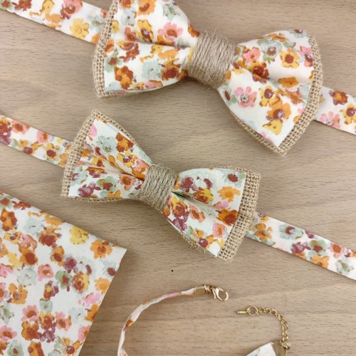 Noeud papillon adulte/enfant fleuri boho terracotta/sauge et toile de jute - pochette costume, bts de manchette, bracelet - mariage