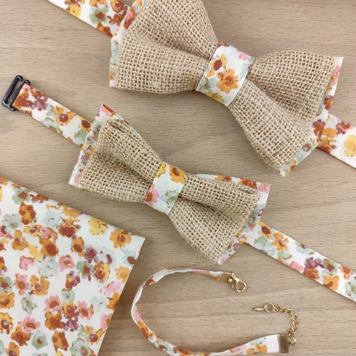 Noeud papillon adulte / enfant tissu floral boho terracotta/sauge et jute - pochette costume, bts de manchette, bracelet - mariage
