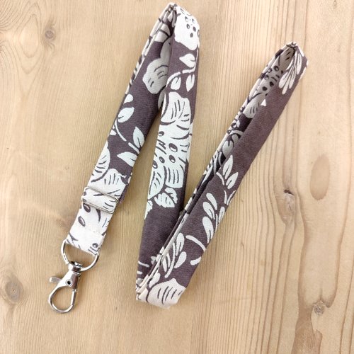 Tour de cou porte-badge ou clés en coton marron et beige végétal - dragonne, cordon téléphone, porte clés infirmière, soignant