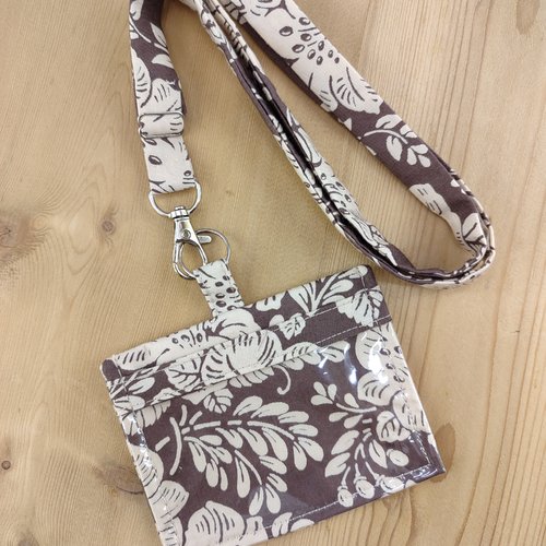Ensemble ou unité tour de cou réglable et porte-badge assorti coton marron et beige feuillage - accessoire infirmière, carte bus