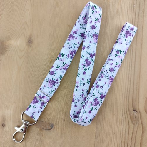 Tour de cou réglable ou porte-clés en coton fleuri liberty violet et mauve - cordon téléphone, dragonne infirmière, soignant