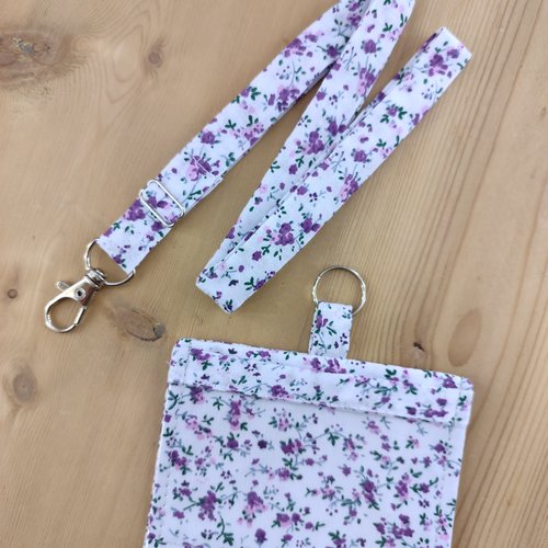 Tour de cou réglable et/ou porte-badge à fenêtre transparente coton liberty violet - accessoire infirmière, carte bus