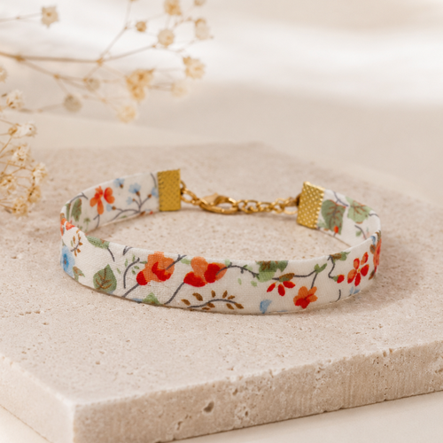 Bracelet tissu fleuri liberty orangé, vert et bleu - accessoire cortège, demoiselles d'honneur femme/fille - idée cadeau bijou fantaisie