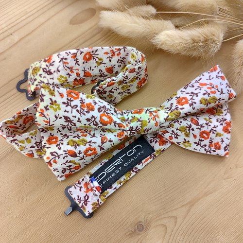 Nœud papillon homme/enfant - pochette costume, bts de manchette, bracelet - fleurs liberty orange, - mariage champêtre, cérémonie
