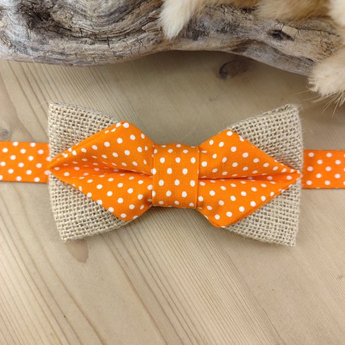 Noeud papillon homme/enfant en coton orange à pois blancs et toile de jute - pochette costume, bts de manchette - accessoires mariage