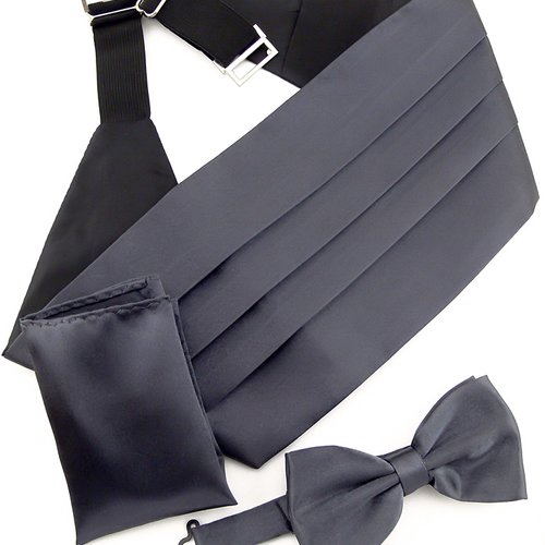 Ensemble ceinture smoking gris foncé, pochette de costume, noeud papillon - mariage, soirée, fête, anniversaire