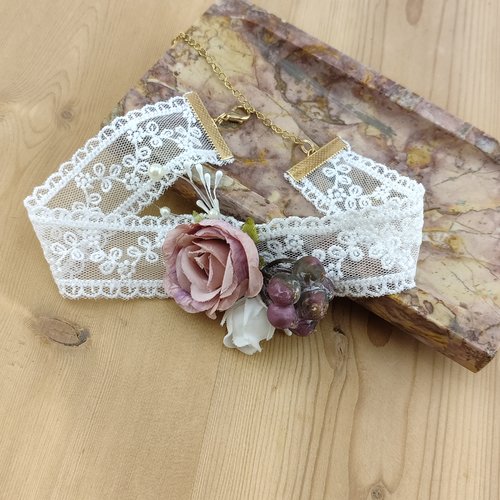 Collier et/ou bracelet dentelle avec fleur vieux rose - bijoux pour mariée - accessoire mariage ras du cou, bracelet manchette