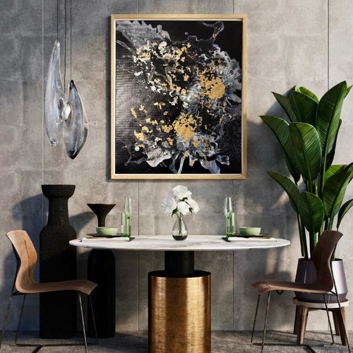 Peinture abstraite moderne noire en acrylique et dorée fait main