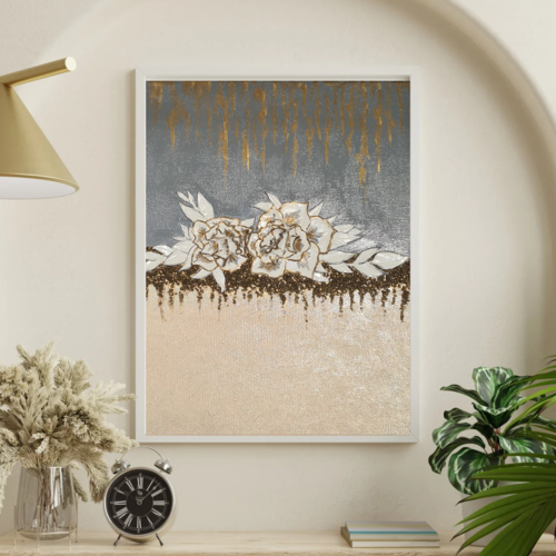 Tableau abstrait bohème moderne unique nature fleur en relief texturé doré, beige, gris/bleu fait main