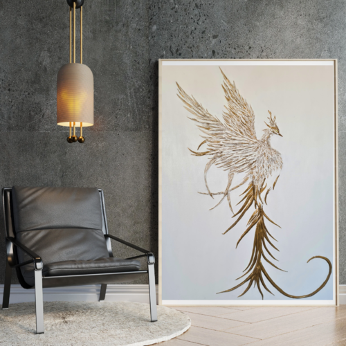 Tableau en relief unique fait main minimaliste d'un phénix doré avec œil lumineux
