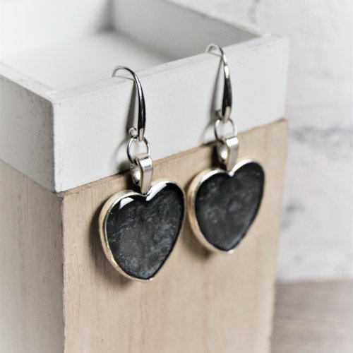 Boucles d'oreilles argent coeurnoir  boucles d'oreilles pendantes argent noir st valentin - black silver earrings heart black silver pendant
