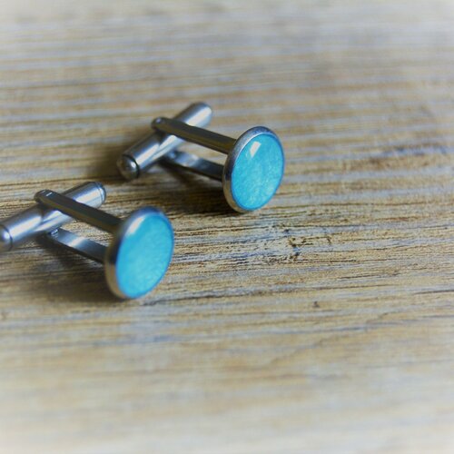 Boutons de manchettes bleu turquoise acier inoxydables ronds homme