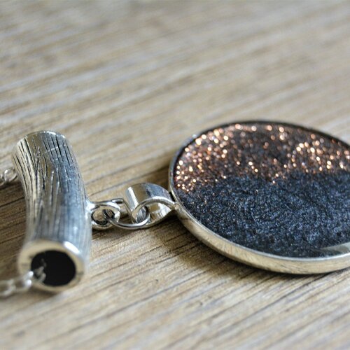 Collier sautoir argent noir pailleté chaîne pendentif
