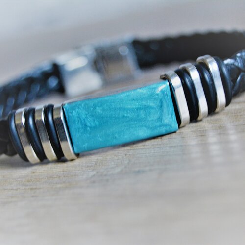 Bracelet homme bleu turquoise cuir tressé turquoise acier inoxydable
