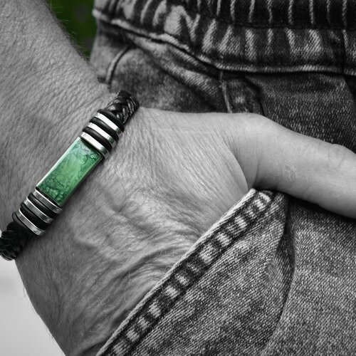 Bracelet homme vert cuir noir tressé acier inoxydable