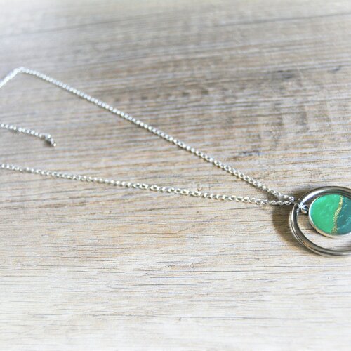 Collier argent pendentif vert or anneau chaîne médaillon argent