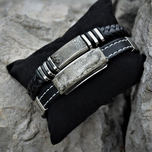Ensemble 2 bracelets cuir tressé noir silicone noir surpiqué acier inoxydable