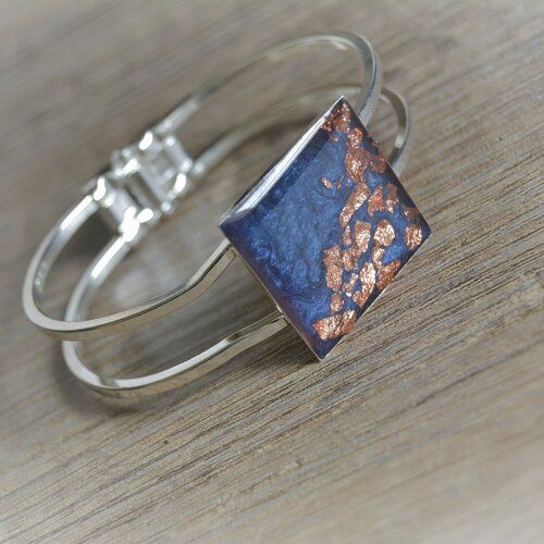 Bracelet manchette bleu foncé bracelet large argent bleu cuivre bracelet carré bracelet manchette bleu feuilles de cuivre
