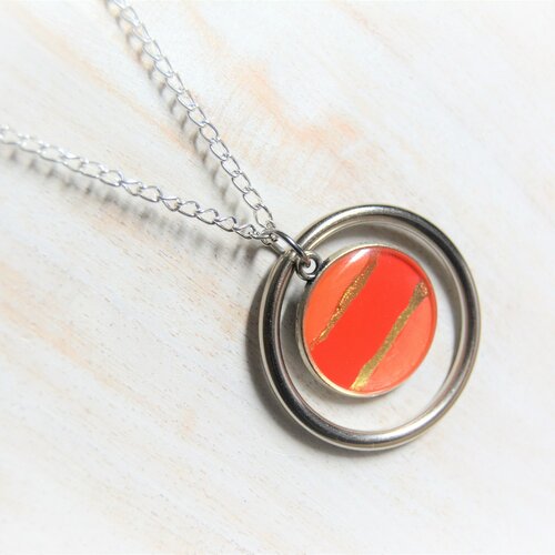 Collier argent pendentif orange rose saumon or anneau rond chaîne médaillon