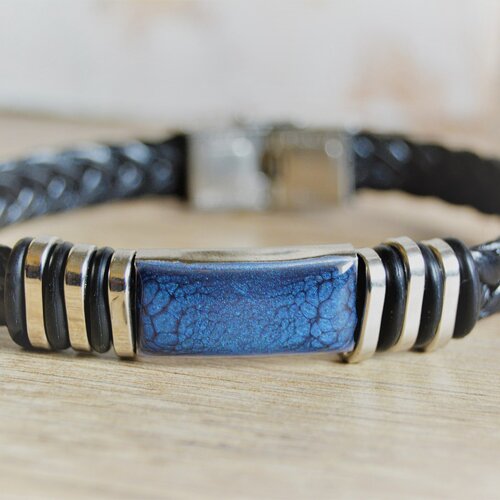 Bracelet homme bleu cuir tressé noir acier inoxydable