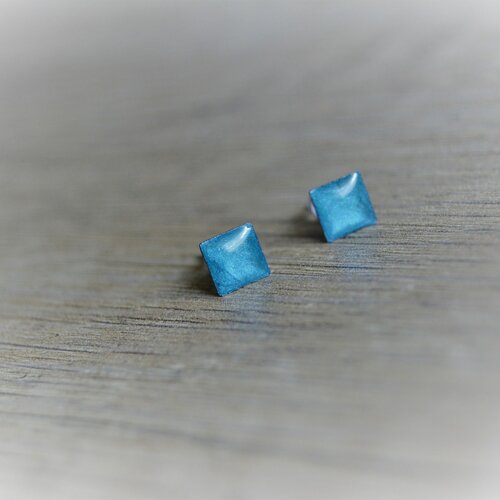 Boucles d'oreilles bleues carrées argent manchettes puces