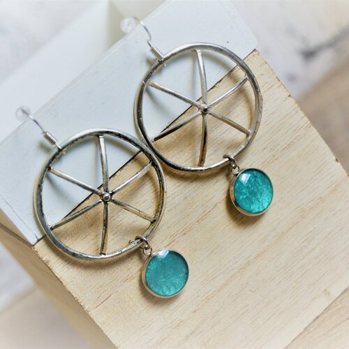 Boucles d'oreilles bleu turquoise pendantes argent géométriques rondes chaînette