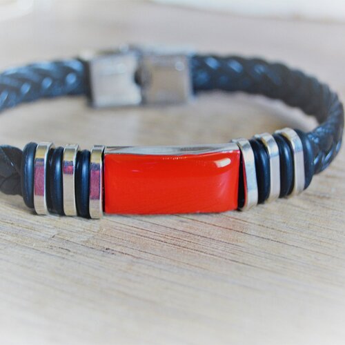 Bracelet homme rouge onyx homme cuir noir tressé acier inoxydable