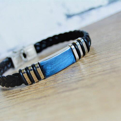 Bracelet homme bleu marine cuir tressé noir acier inoxydable