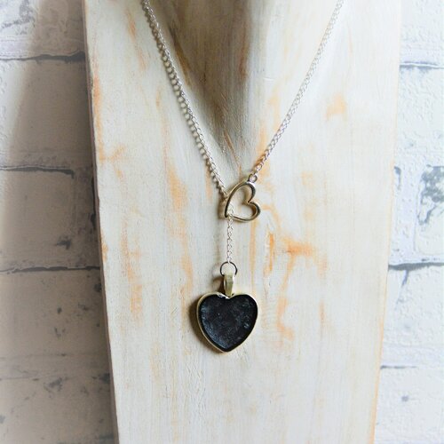 Collier lasso cœur noir argent chaîne coulissante pendentif st valentin