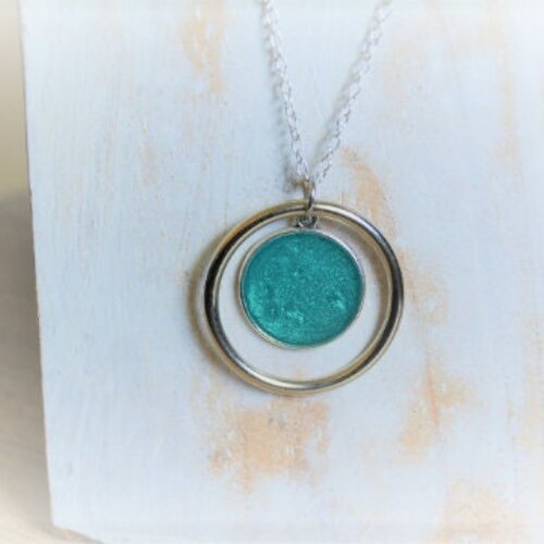 Collier argent pendentif bleu turquoise anneau rond chaîne médaillon anneau