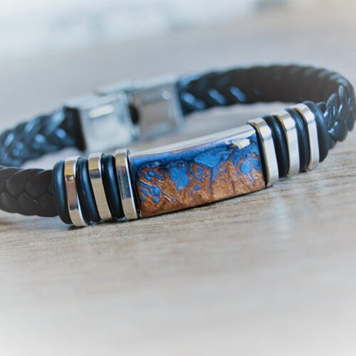 Bracelet en acier et cuir bleu avec message personnalisé pour homme