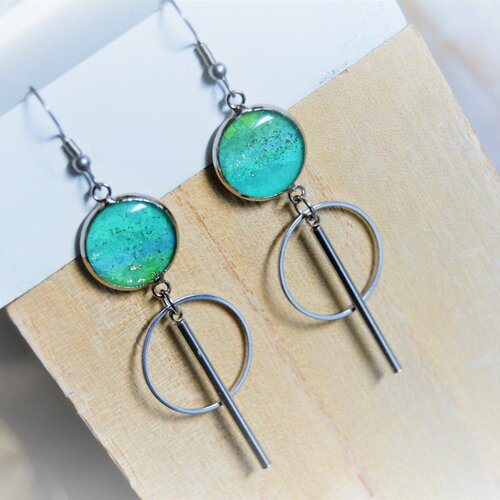 Boucles d'oreille bleu vert pailleté argent minimaliste pendantes géométrique anneau tige paillettes