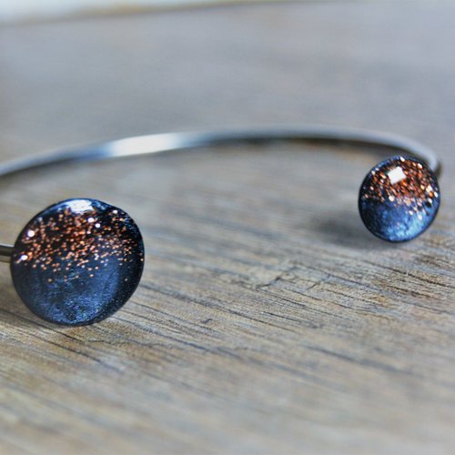 Bracelet noir argent bracelet jonc noir pailleté cuivre double rond géométrique