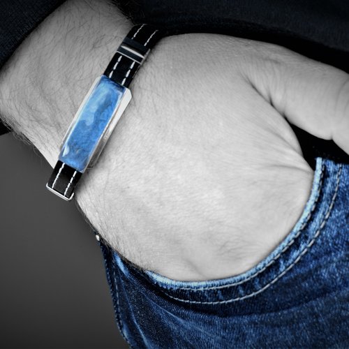 Bracelet homme bleu cuir noir acier inoxydable