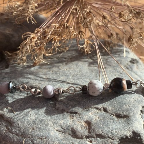 Bracelet perles naturelles et bois blanc/gris/noir