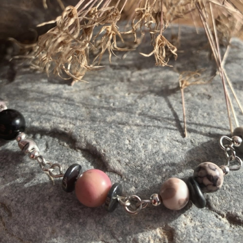 Bracelet perles naturelles noir/gris/rose