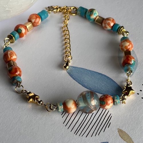 Bracelet perles naturelles bleu cyan marbré