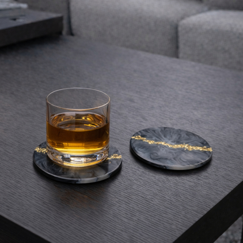 Dessous de verre design – faille élégante marbre royal – résine époxy noire et dorée – lot de 2