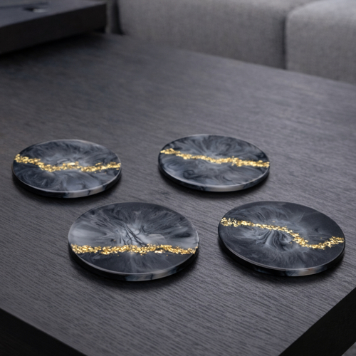 Dessous de verre design – faille élégante marbre royal – résine époxy noire et dorée – lot de 4