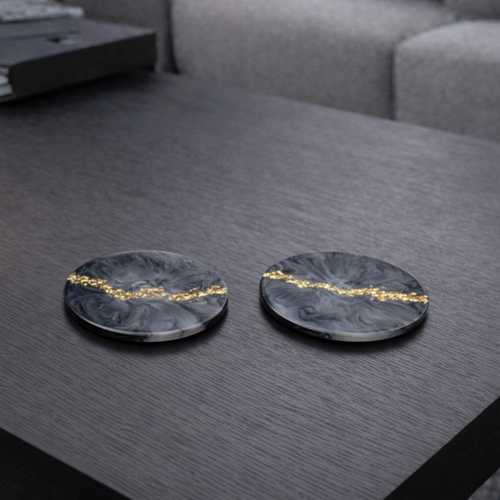 Dessous de verre design – faille élégante marbre royal – résine époxy noire et dorée – lot de 2