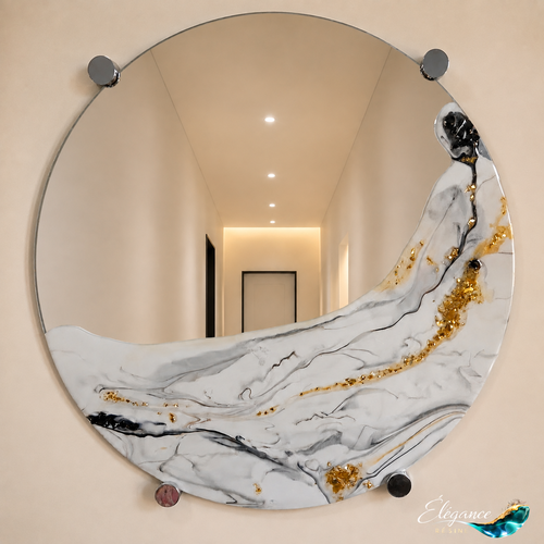 Miroir mural rond 40 cm en résine effet marbre blanc et or – l’or du marbre