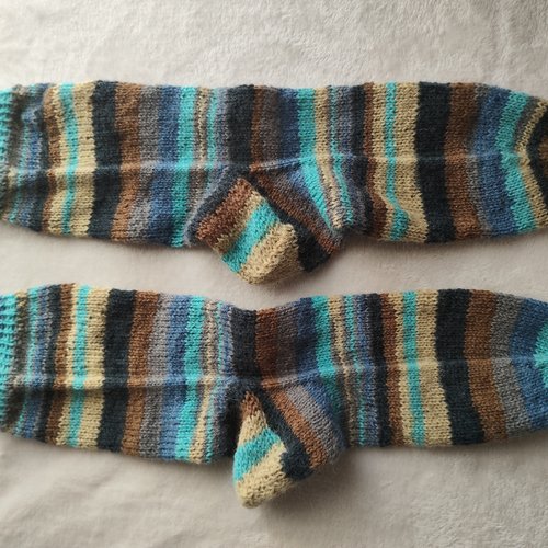 Chaussettes en laine tricotées main - 38/39 - bleu turquoise marron beige