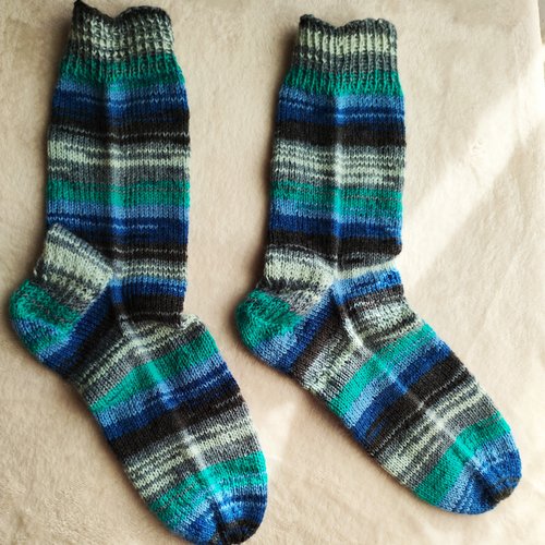 Chaussettes en laine tricotées main - 38/39 - bleu, turquoise, gris et noir