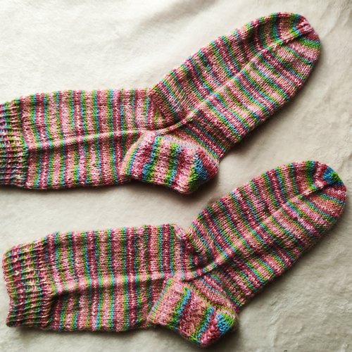 Chaussettes en laine tricotées main - 36/37 - rose, vert, bleu