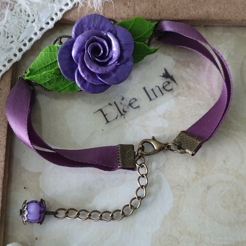 Bracelet rose prune et bronze en polymere