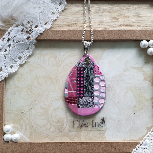 Collier patchwork goutte rose en polymere